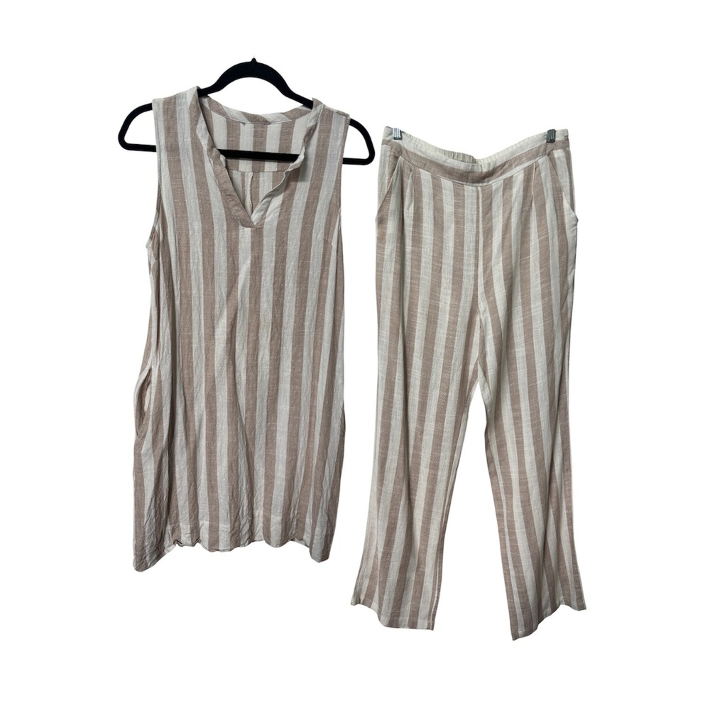DKR Tan White‎ Striped Linen Blend Tunic and Pants 2 Piece Set Womens Large